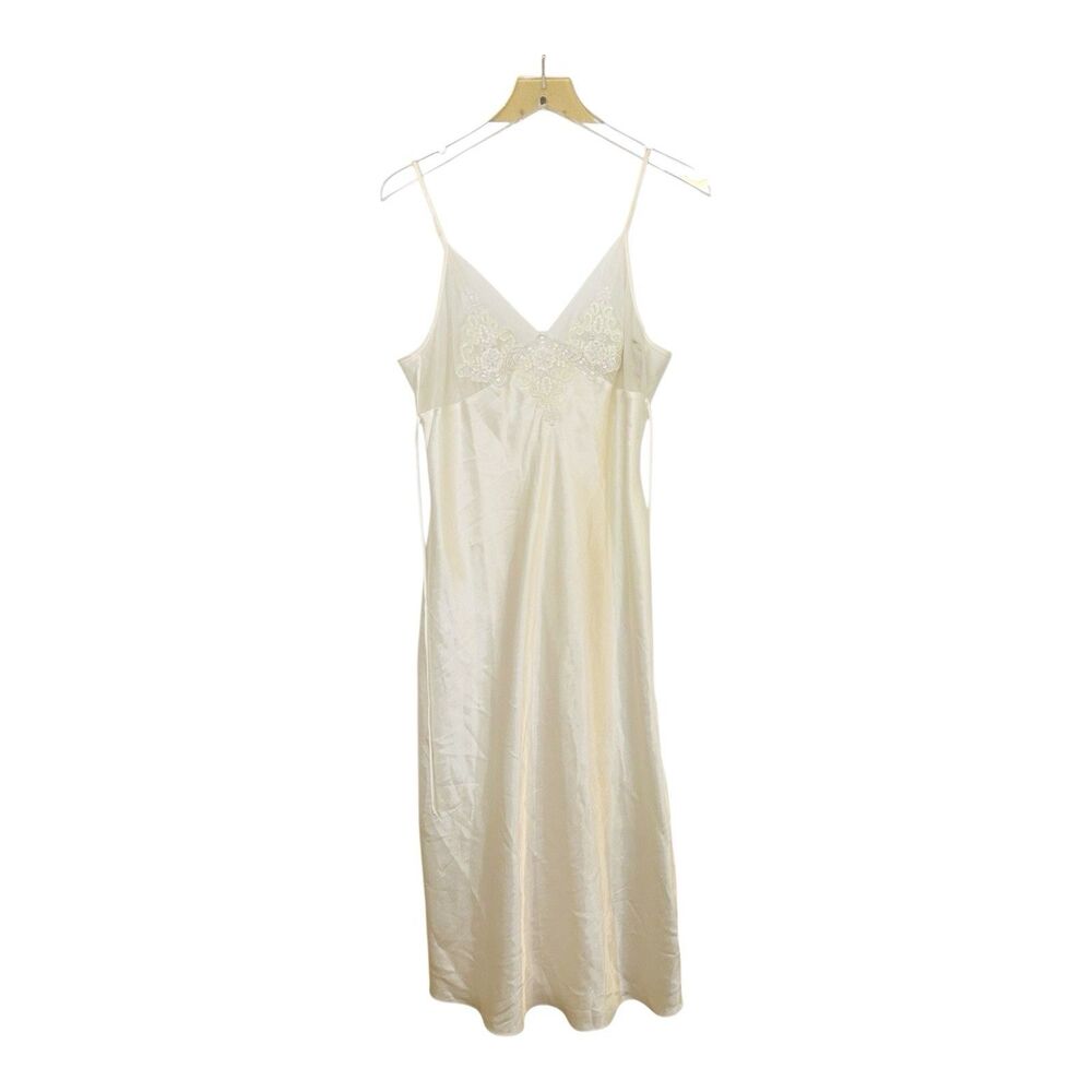 Delicates Satin Camisole Slip Nightgown Negligee Sz M Tie Back Flower Lace